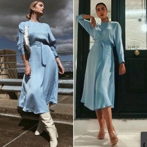 ZARA Baby Blue Belted Satin Effect Midi Dress
